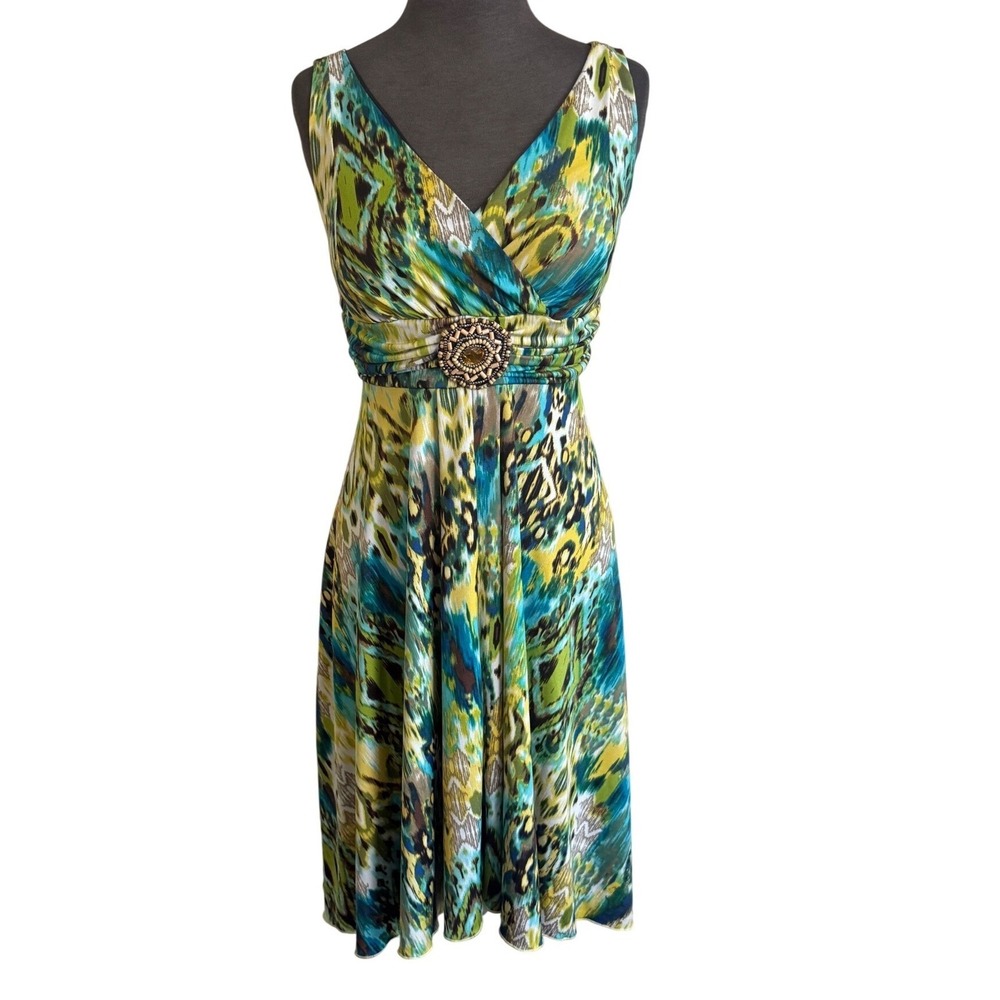 True Envy Women Green‎ Teal Abstract Ikat Print Beaded Y2K summer dress